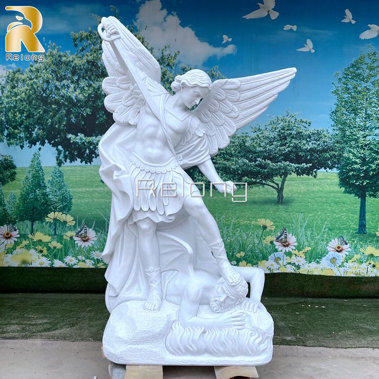 Hand Carved Large Marble St. Michael Garden Statue for Sale RMRSS-001