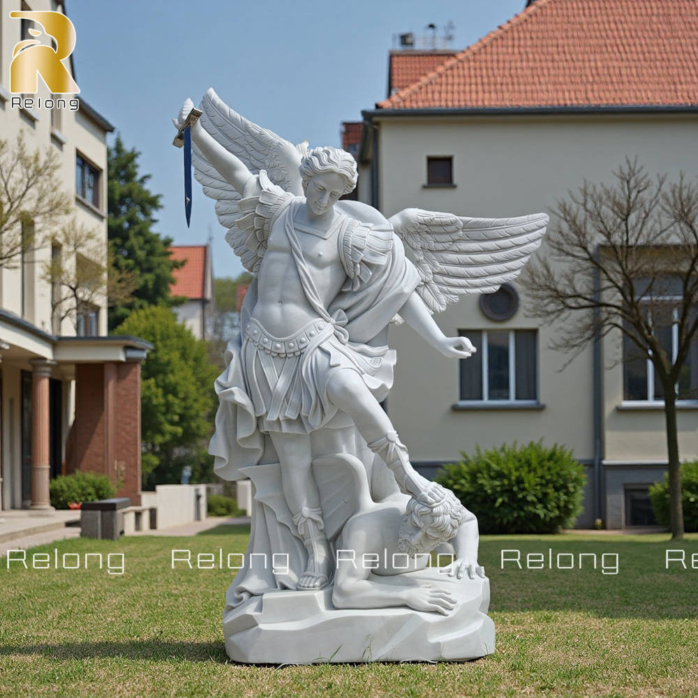 Hand Carved Large Marble St. Michael Garden Statue for Sale RMRSS-001