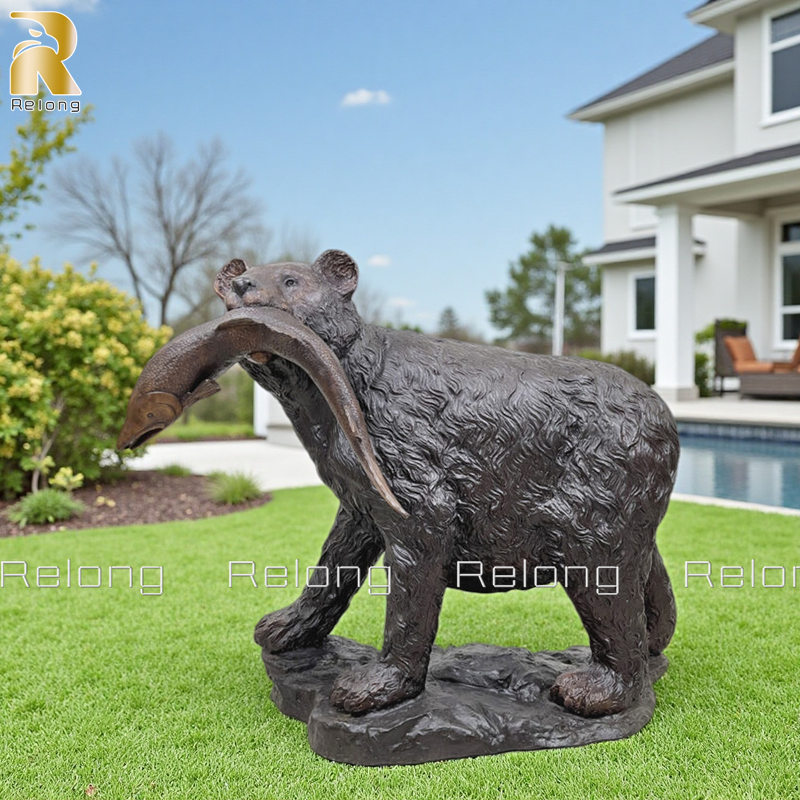 Life Size Bronze Bear With Fish In Mouth Statue RBBR-003