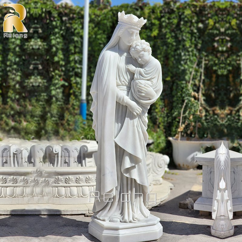 White Marble Virgin Mary and Baby Jesus Statue RMVS-005