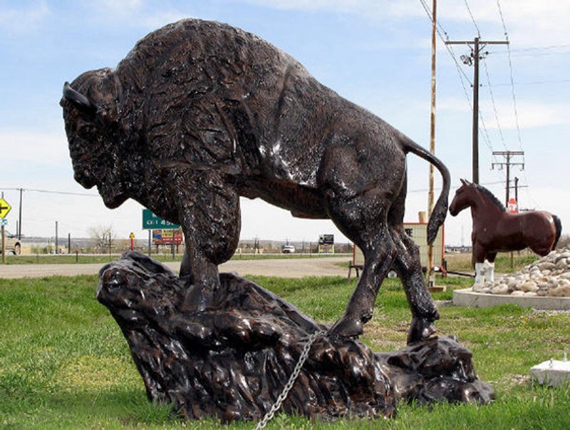 bronze buffalo statue on the rock statue