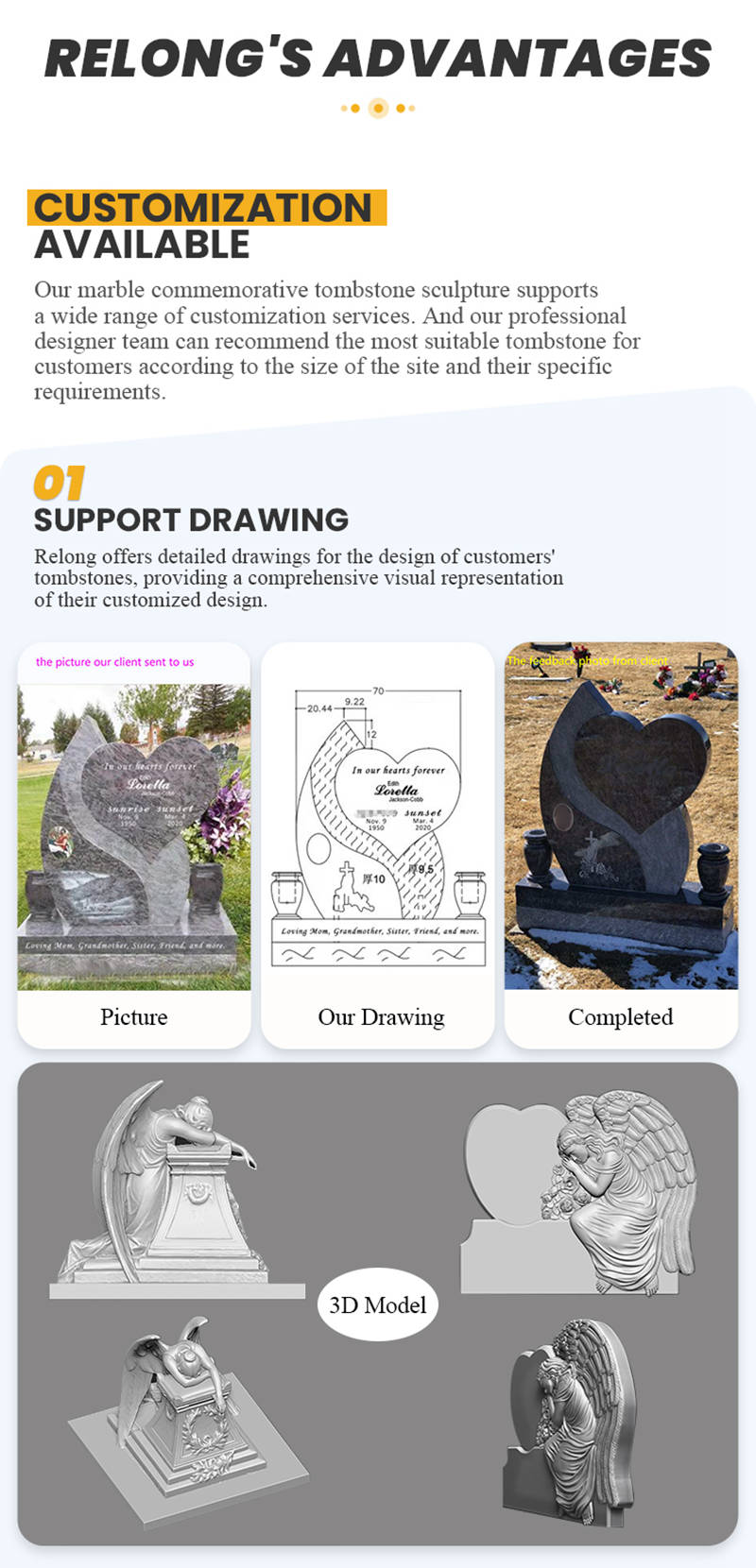 Relong marble angel tombstone customization service