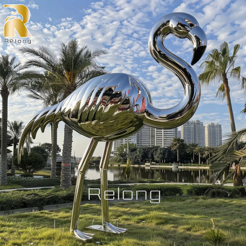 large metal flamingo statue