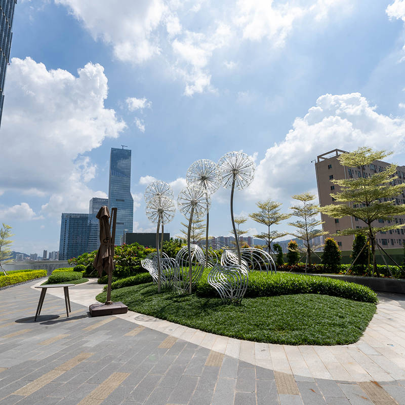 Outdoor-park-square-green-space-glowing-stainless-steel-dandelion-sculpture (4)