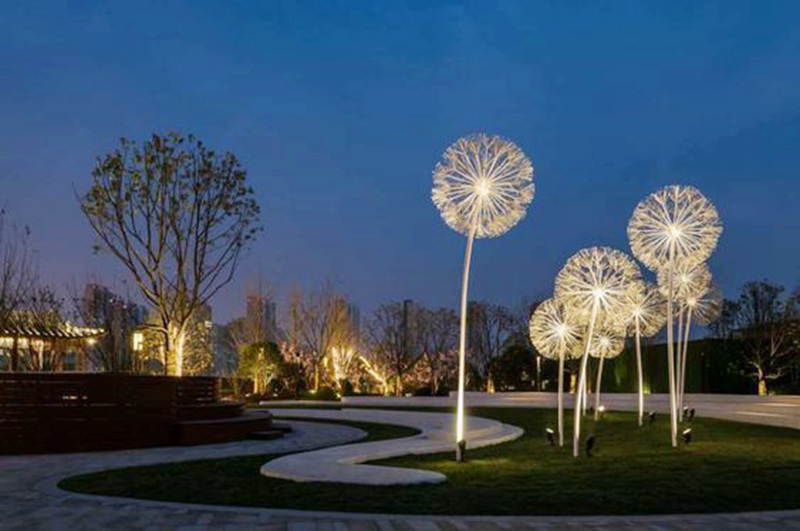 Outdoor-park-square-green-space-glowing-stainless-steel-dandelion-sculpture-5