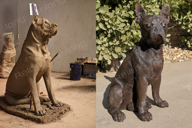 clay model VS finished bronze dog sculpture (1)