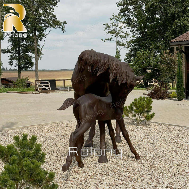 outdoor bronze mare and foal statue