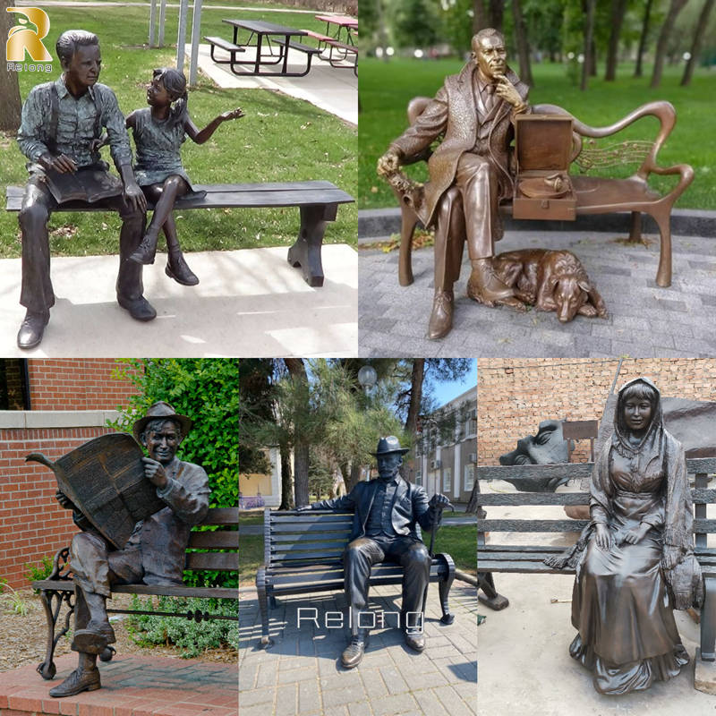 more bronze man sitting on bench sculptures