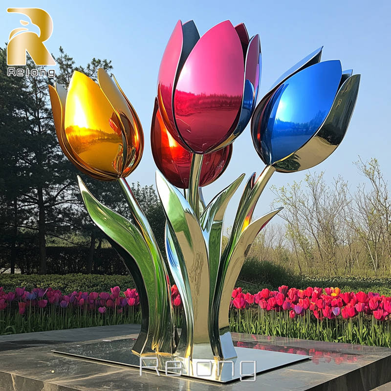 outdoor colorful metal tulip sculpture
