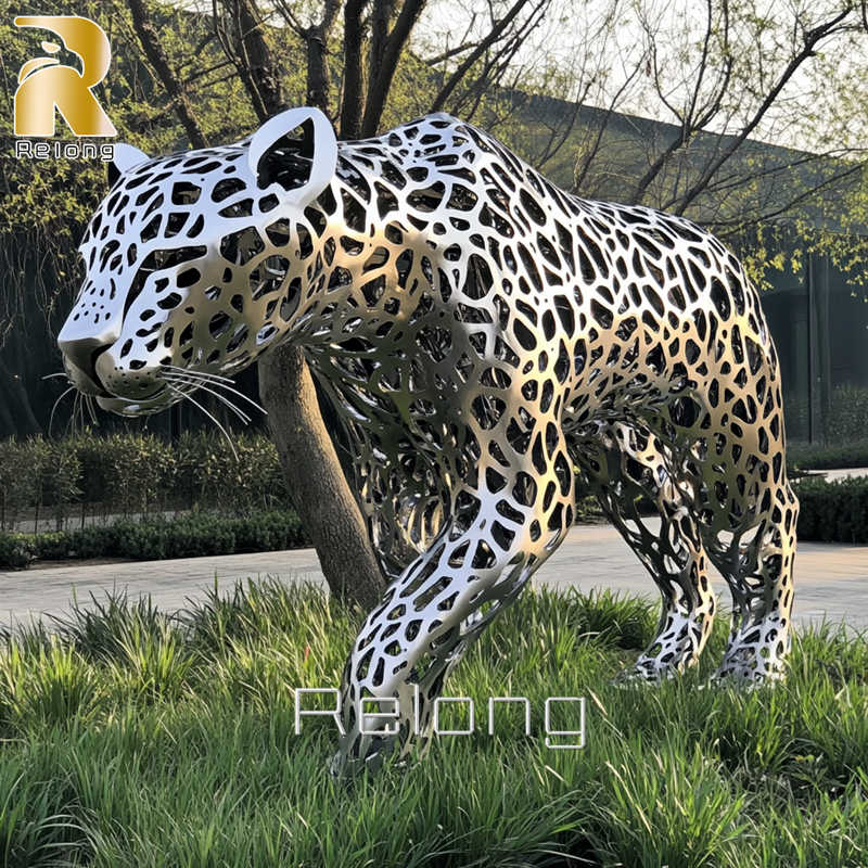 stainless steel metal leopard statue