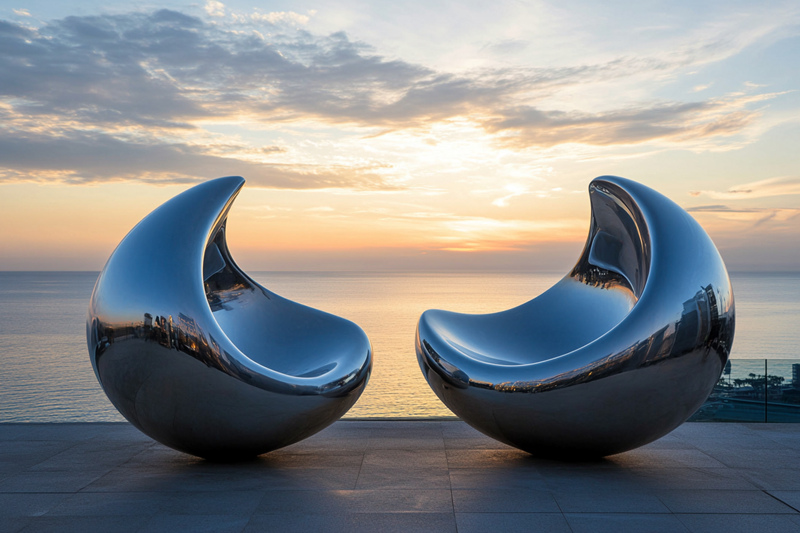 Two mirror polished steel bean shape sculpture