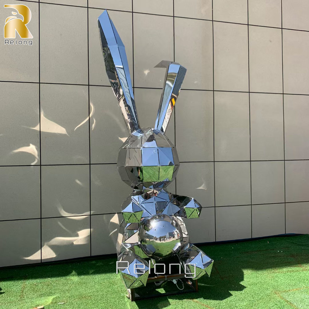 complete stainless steel geometric rabbit sculpture
