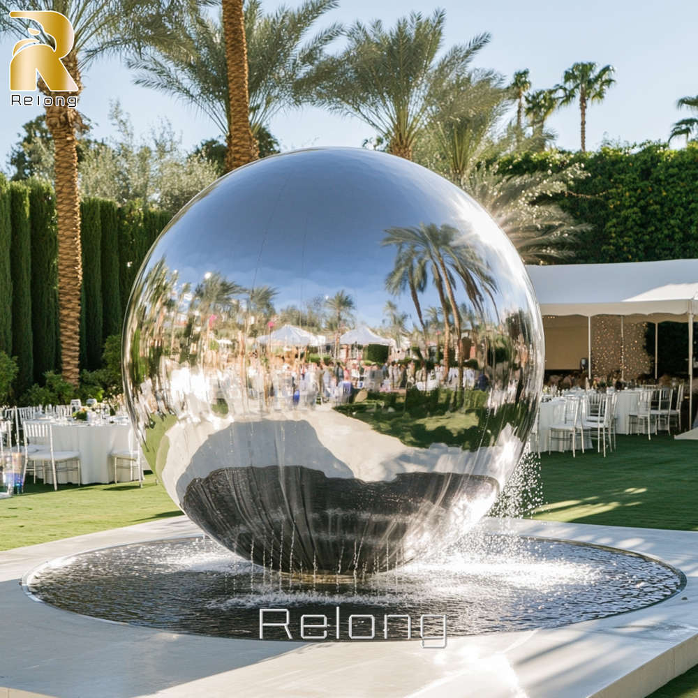 modern stainless steel sphere water feature sculpture