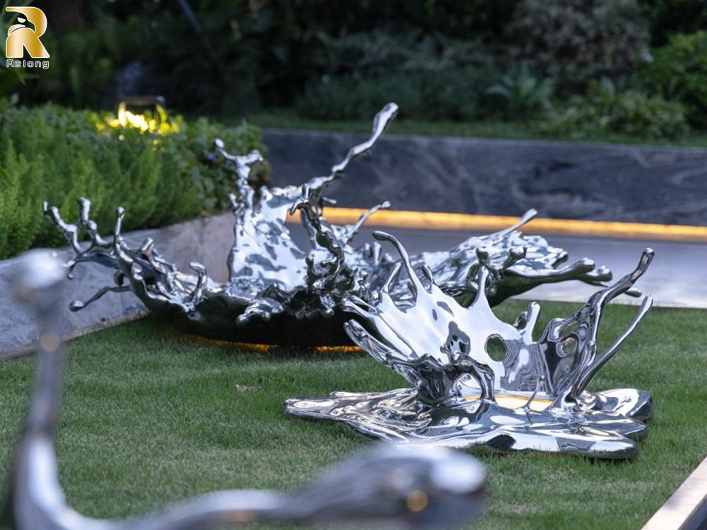modern stainless steel water splash sculpture for lawn decor