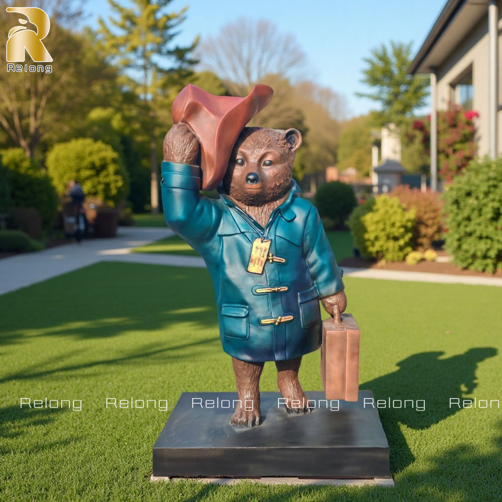 painted bronze standing paddington bear sculpture