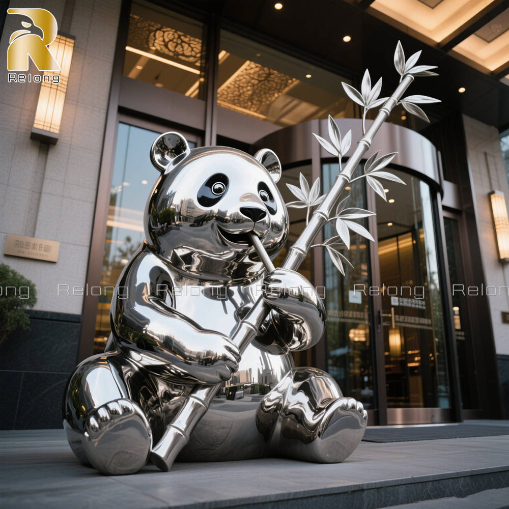 life size stainless steel panda sculpture
