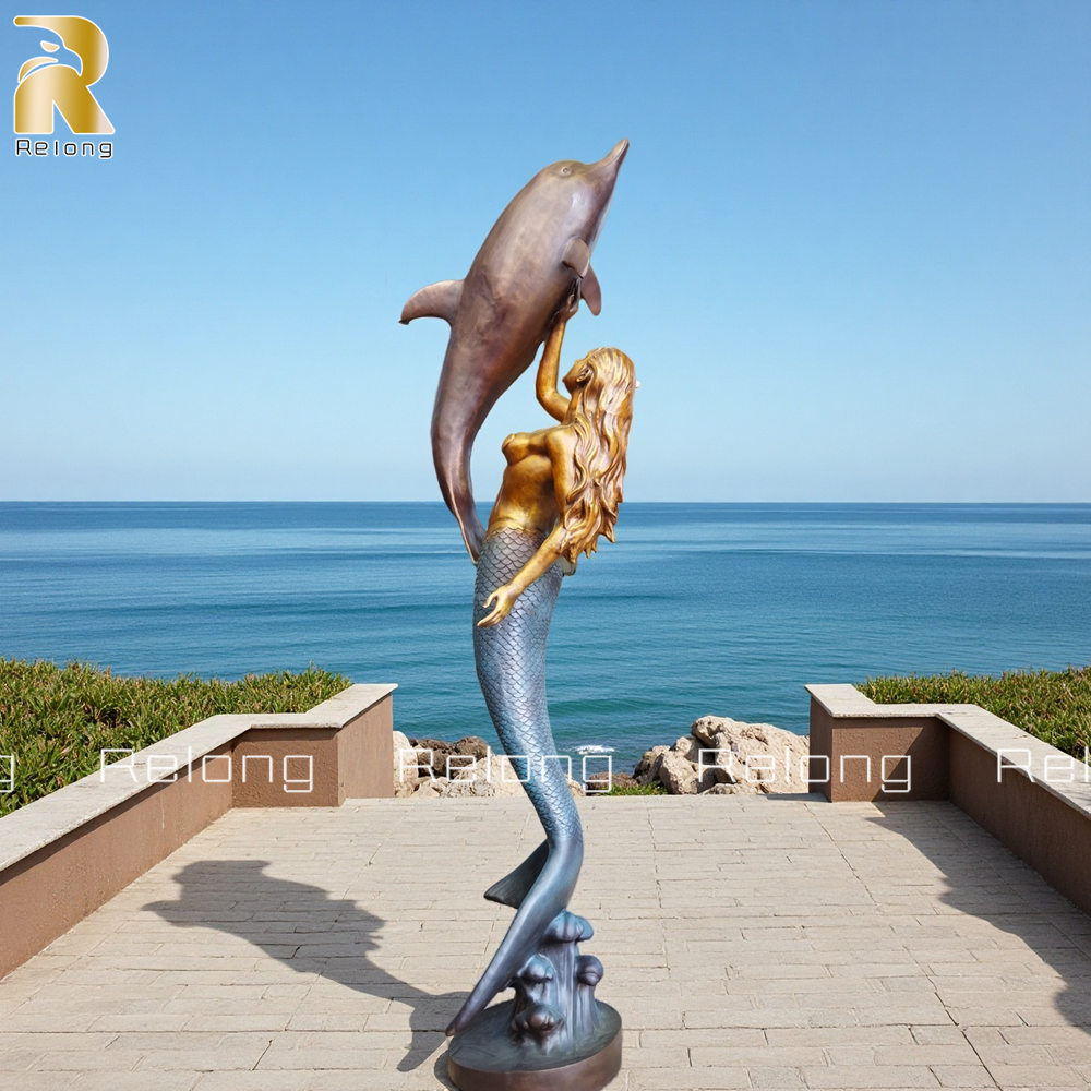 decorative bronze mermaid and dolphin statue