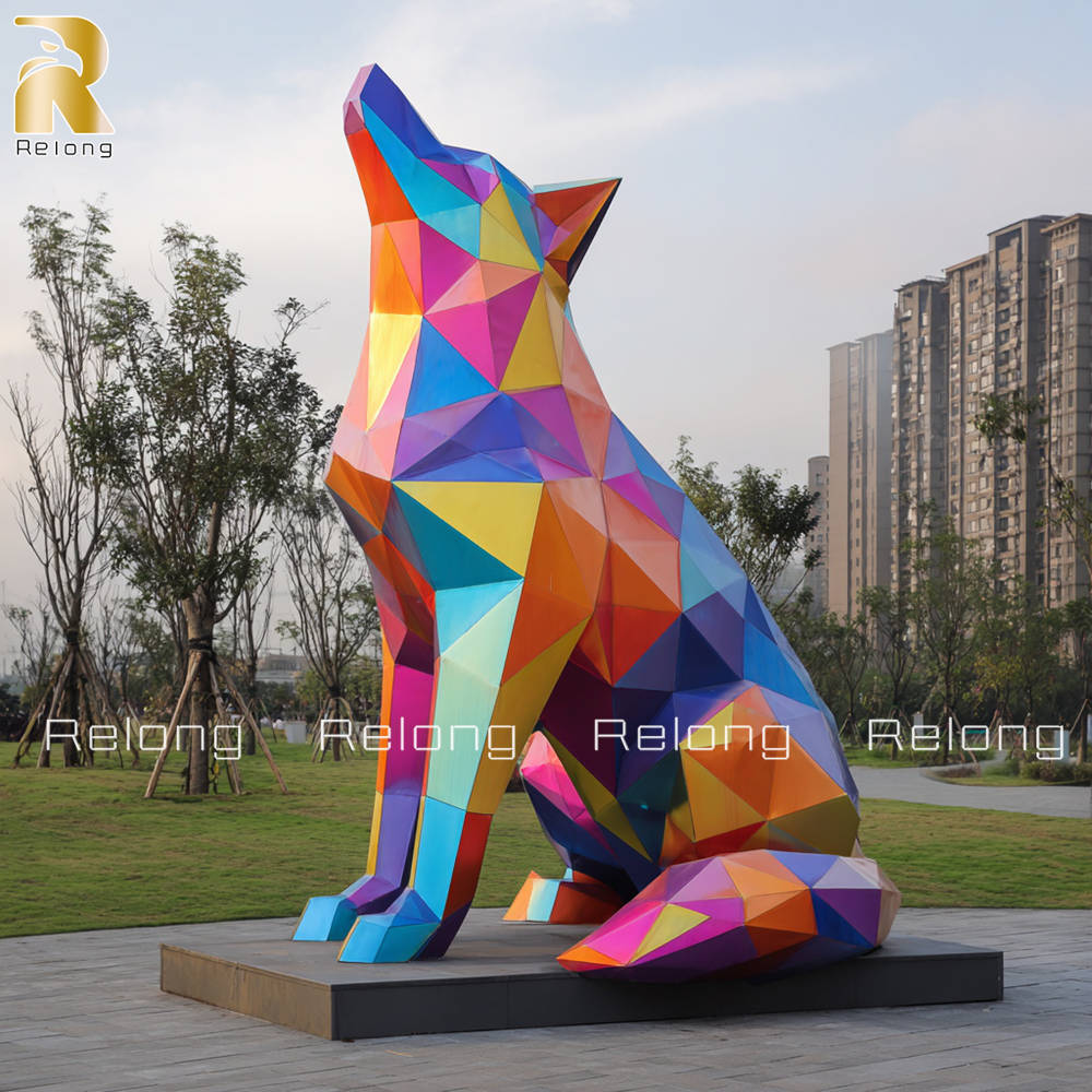 colorful geometric wolf sculpture