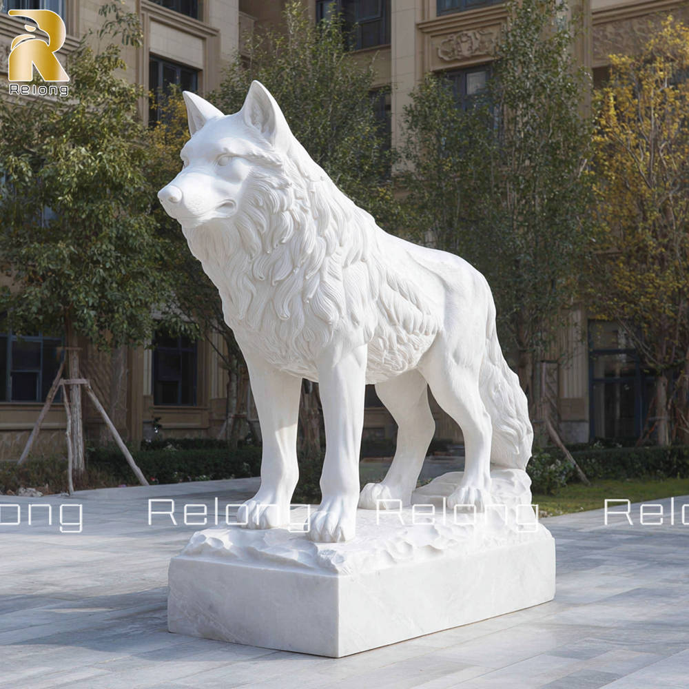 life size white marble wolf statue