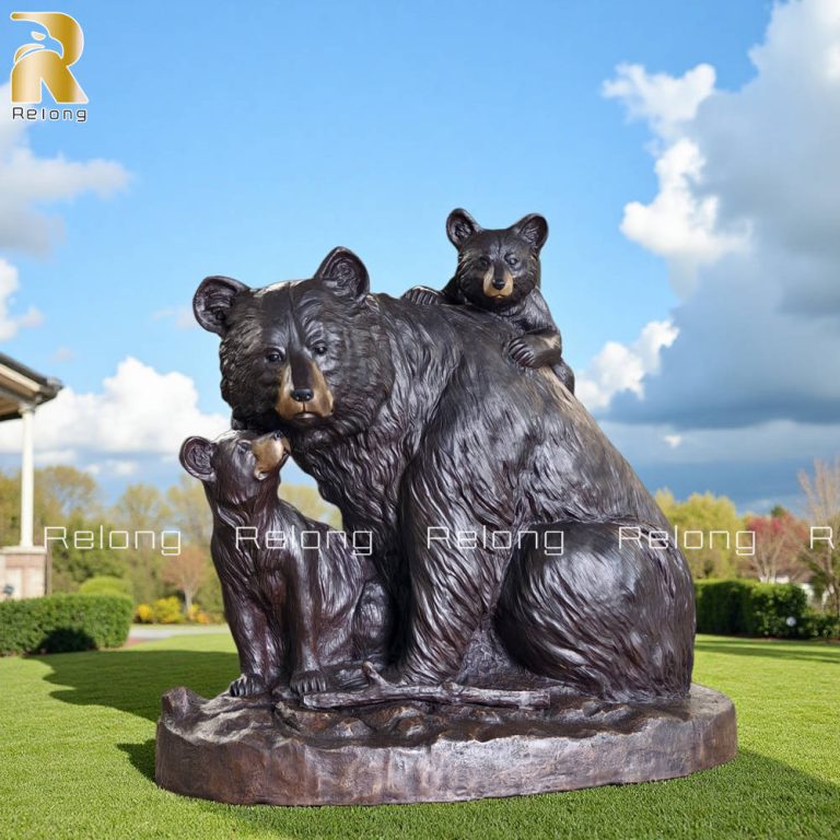 outdoor bronze bear family statue with mother bear and two cubs
