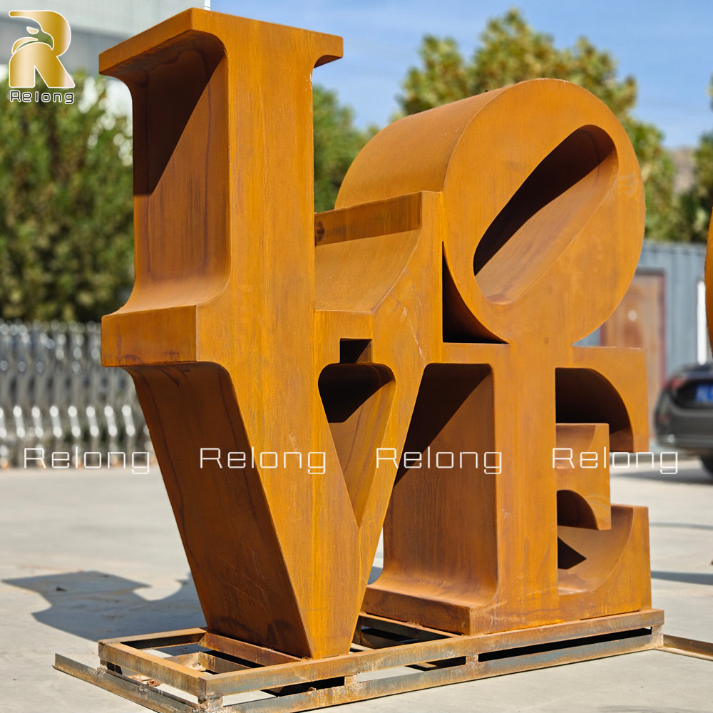 weathering steel love sculpture