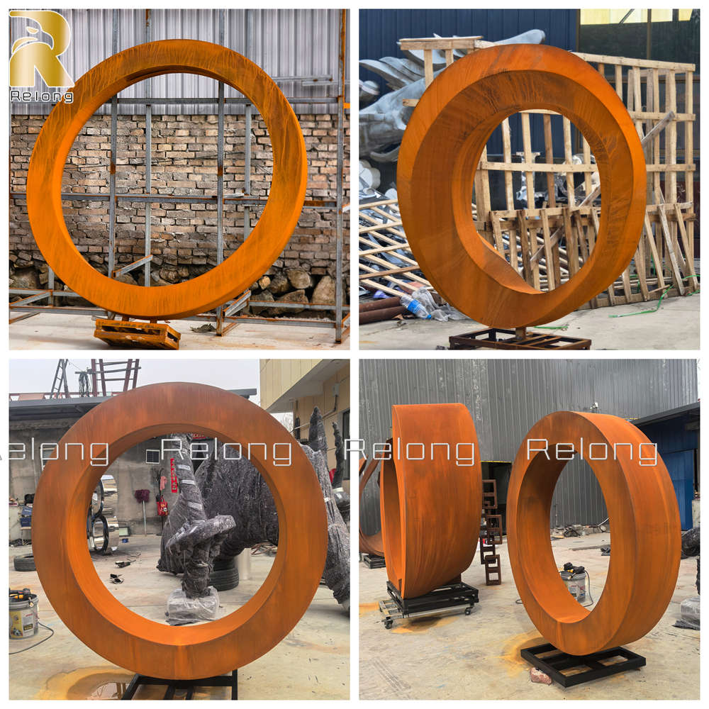 finished corten steel circle sculptures