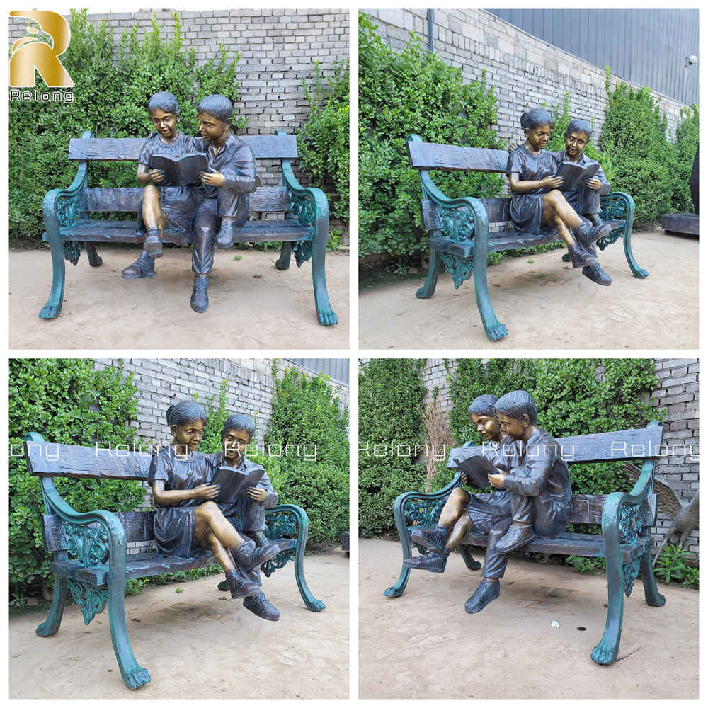 boy and girl sitting on a bench garden statue details