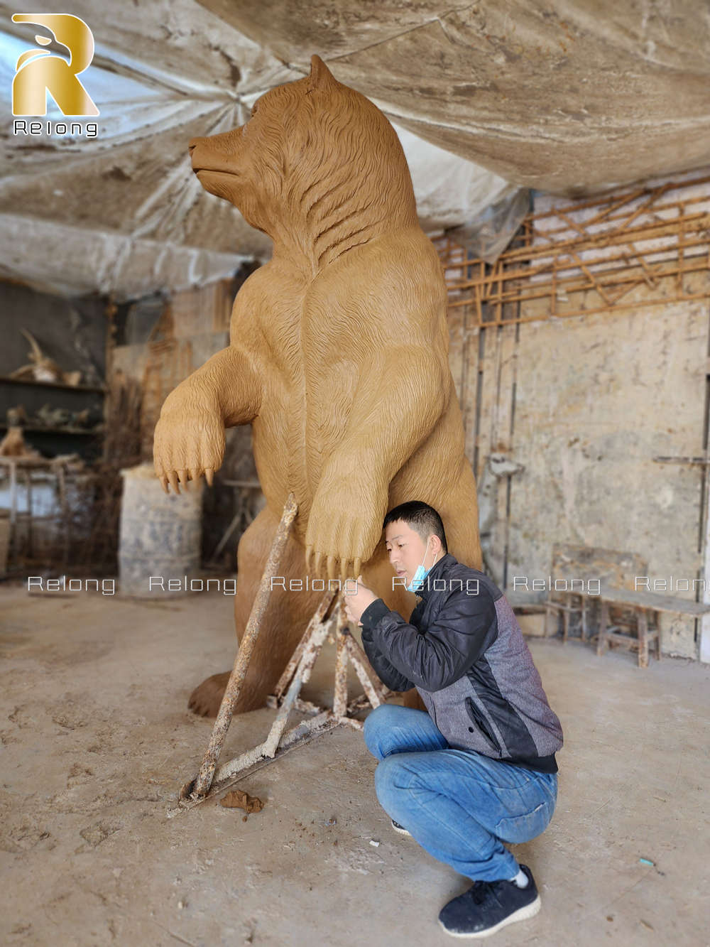 Large standing bear clay model