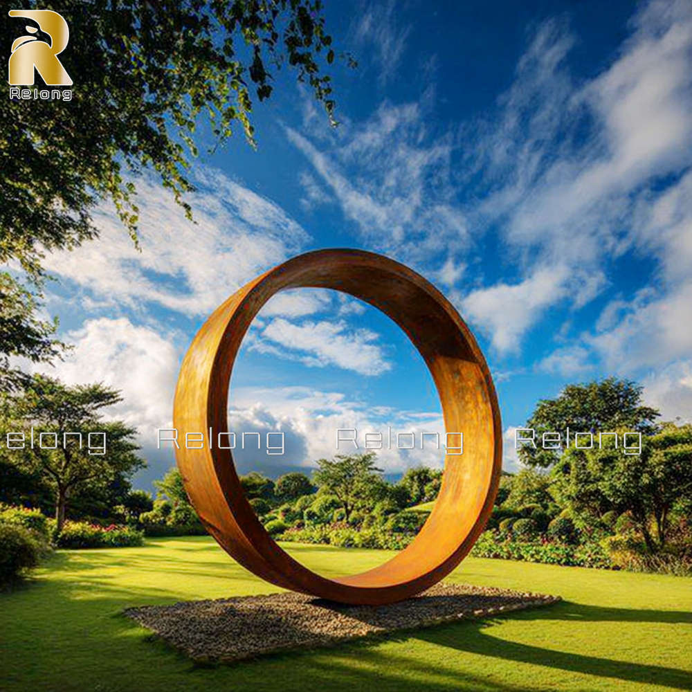outdoor weathering steel circle sculpture