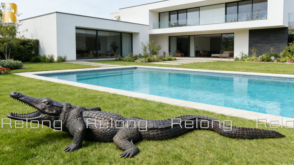 bronze alligator sculpture for pool decor