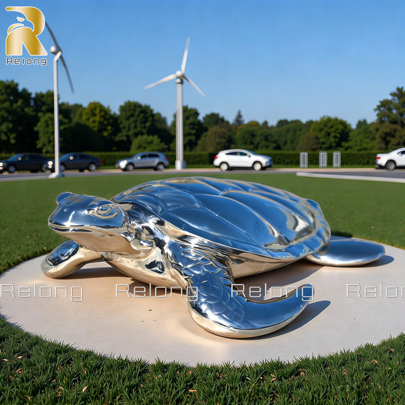high polished metal sea turtle sculpture