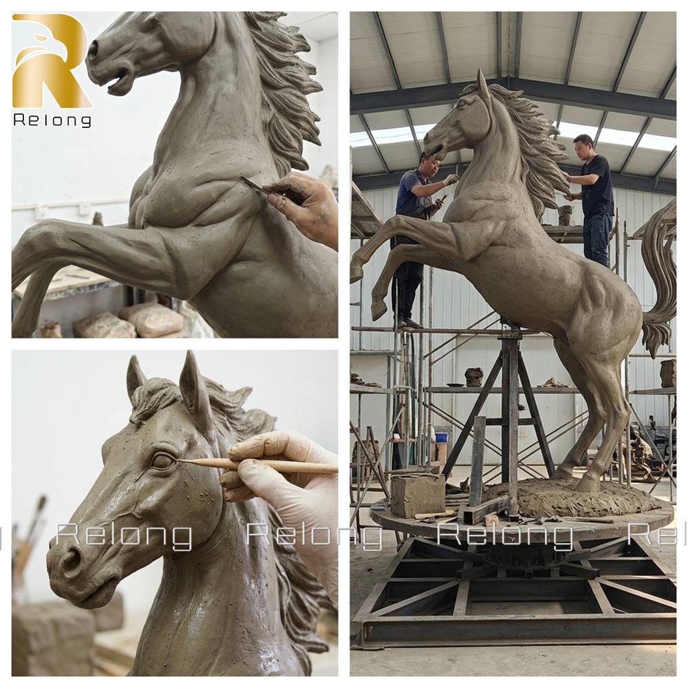 Hand-carved prancing horse statue clay model