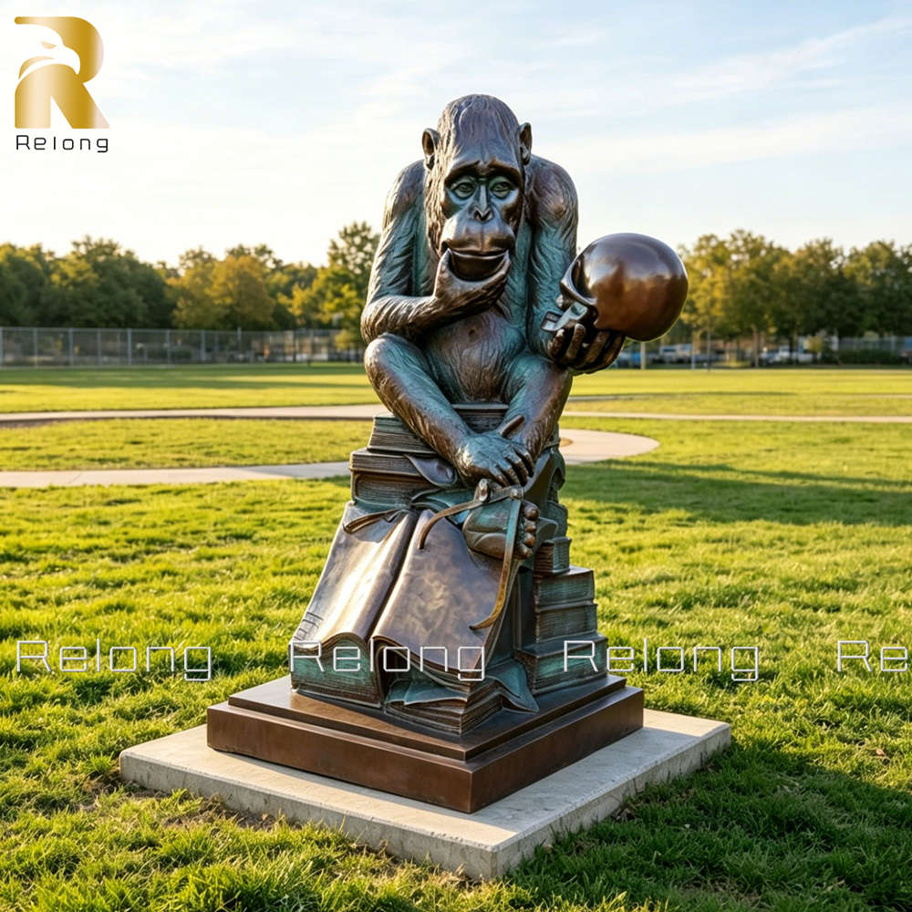 outdoor monkey holding skull statue