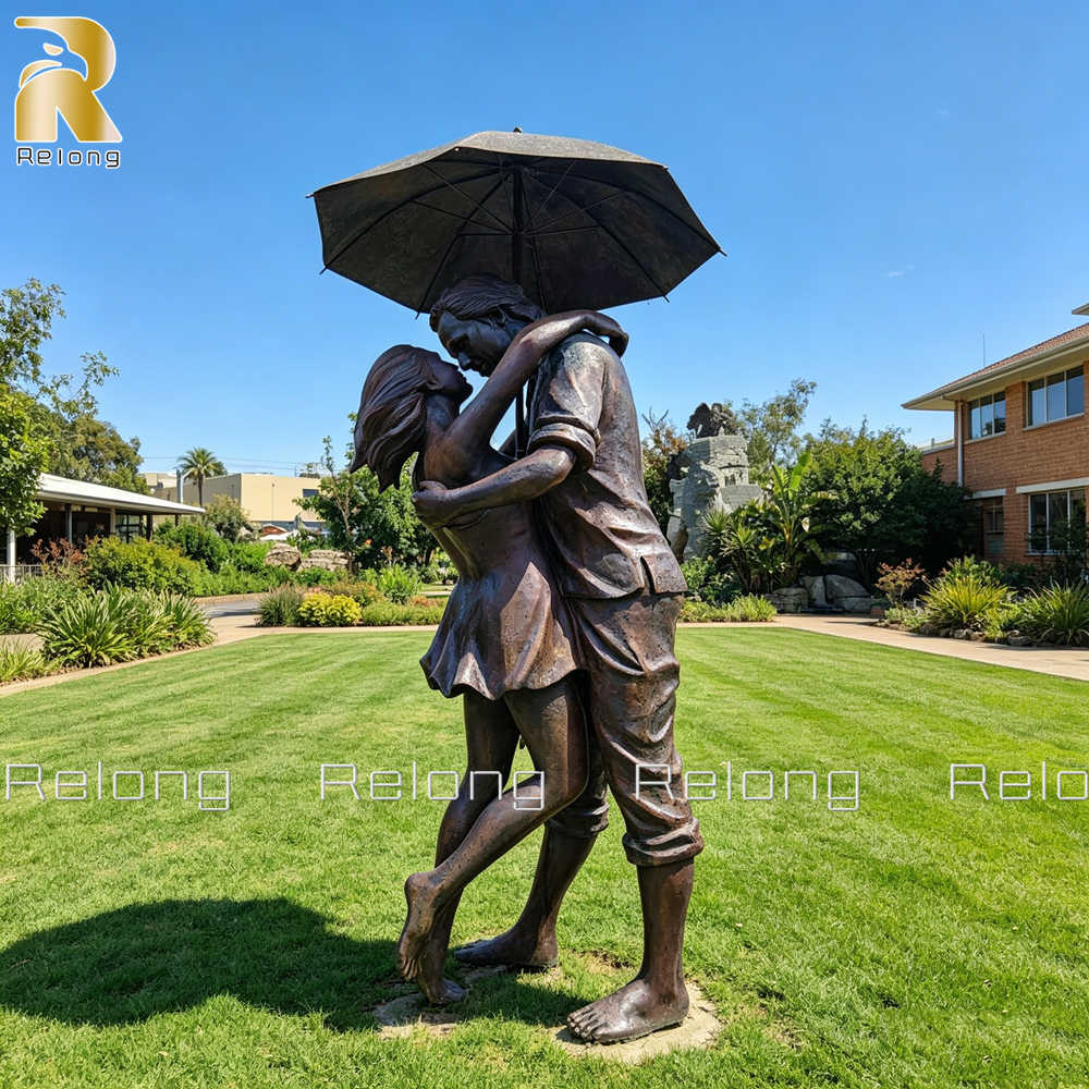Life Size Bronze Couple Embracing Under an Umbrella Sculpture RLBF-010