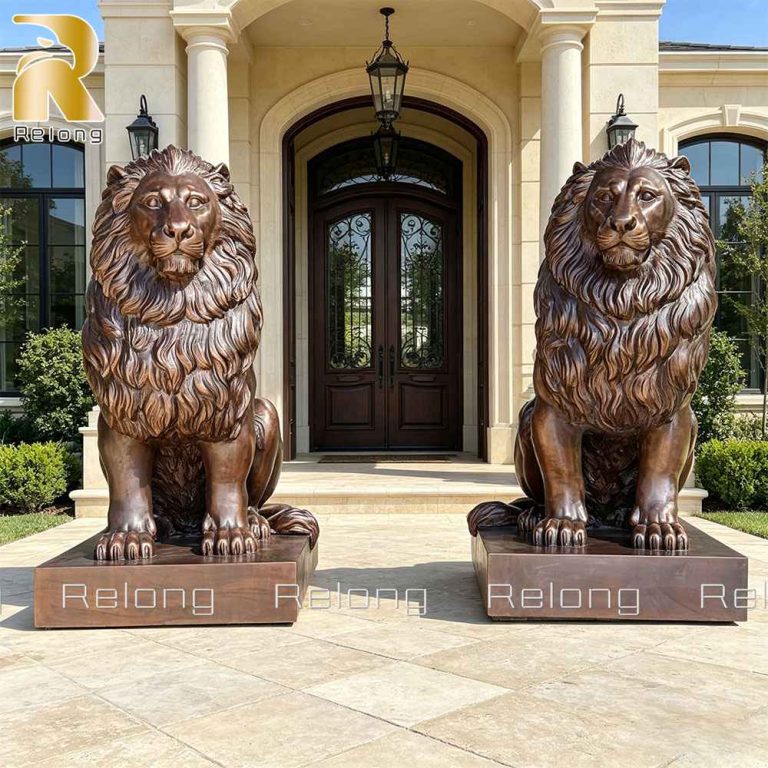 bronze sitting lion statue for home entrance