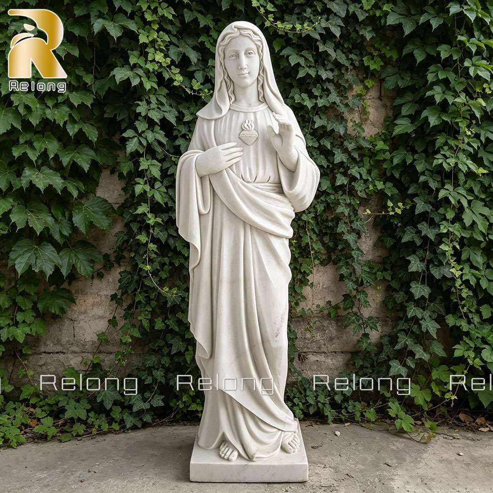 Catholic white marble Mary statue with Immaculate Heart design