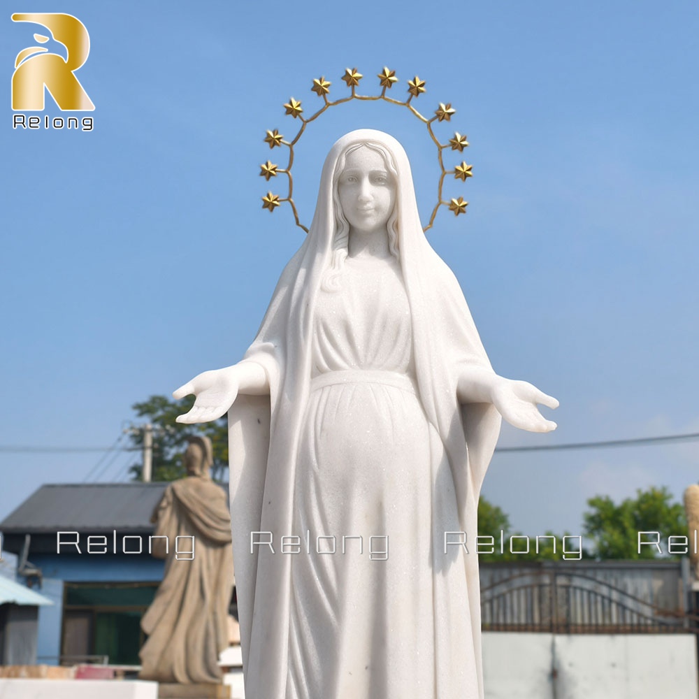 White marble Holy Mary pregnancy sculpture with soft details
