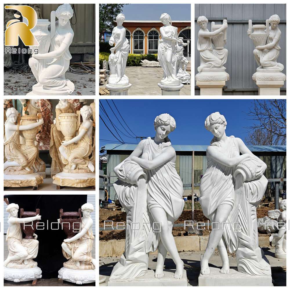 Collection of different lady pouring water statue styles and designs in marble