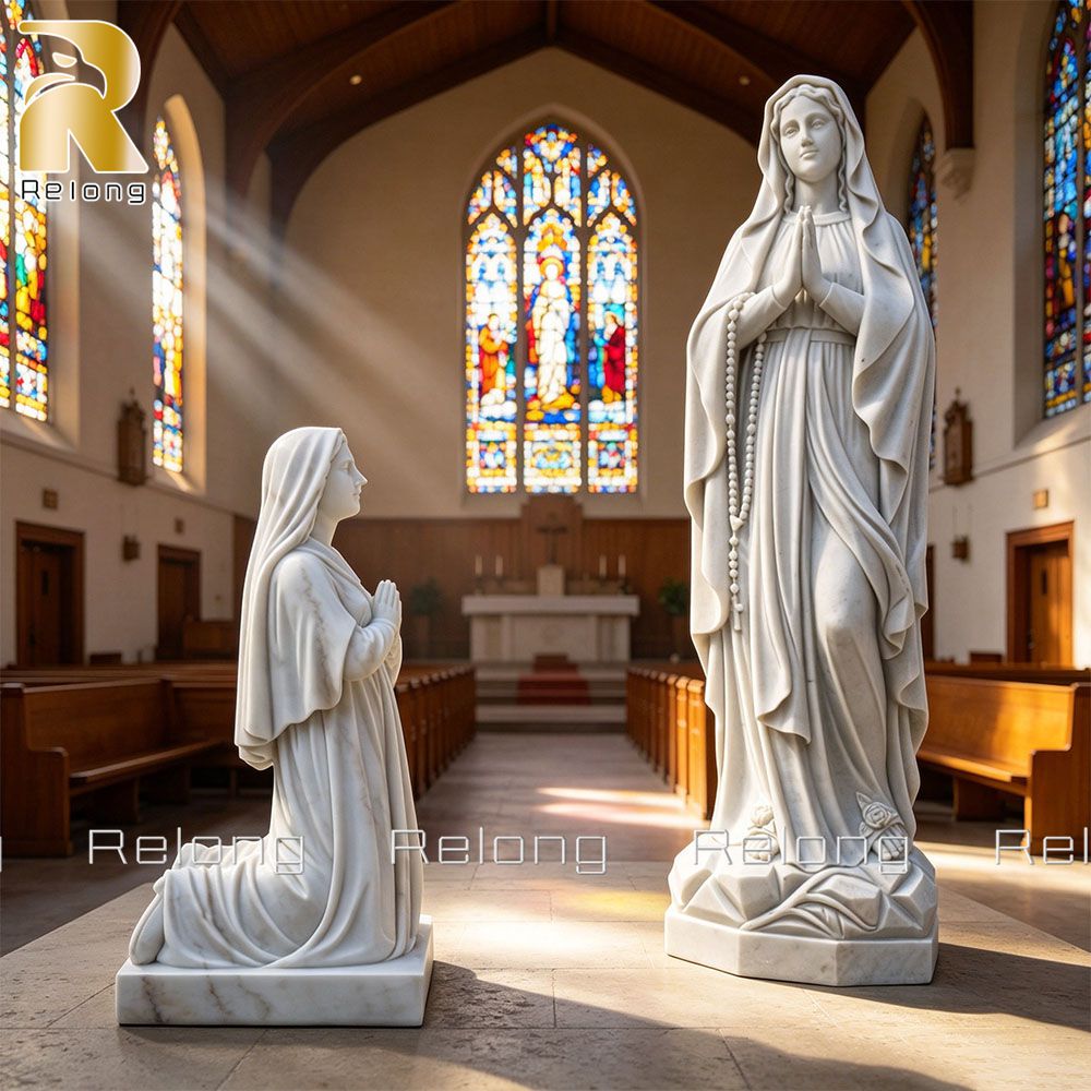 Marble Our Lady of Lourdes statue with Bernadette for church