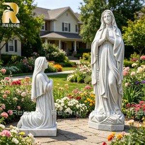 Outdoor marble Our Lady of Lourdes and Bernadette religious statue