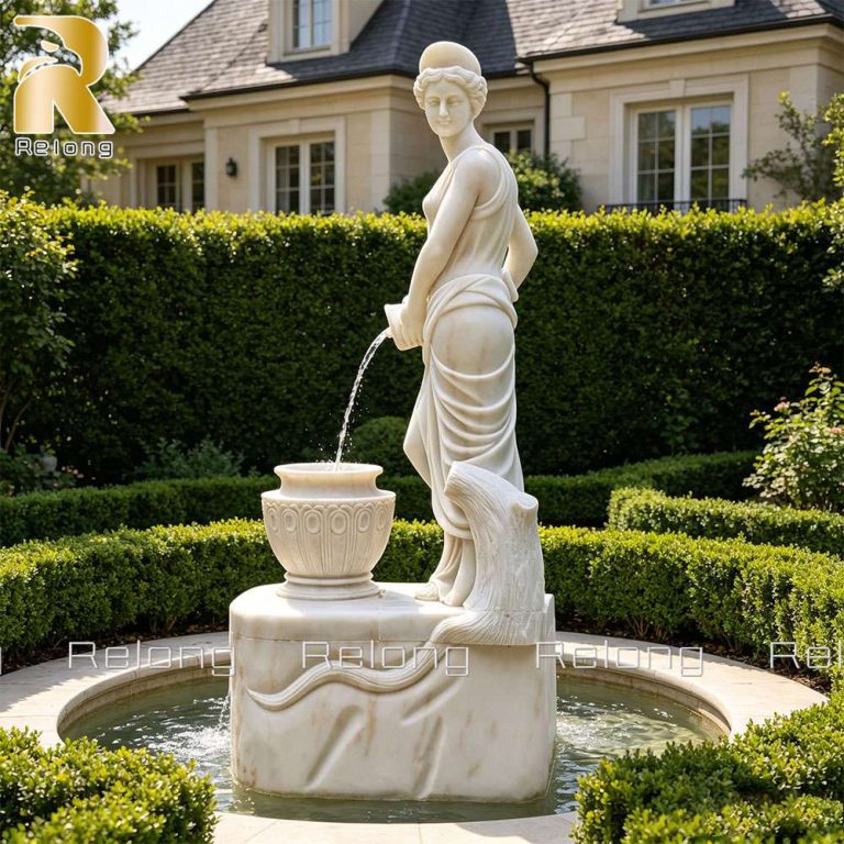 Woman pouring water statue displayed in elegant garden