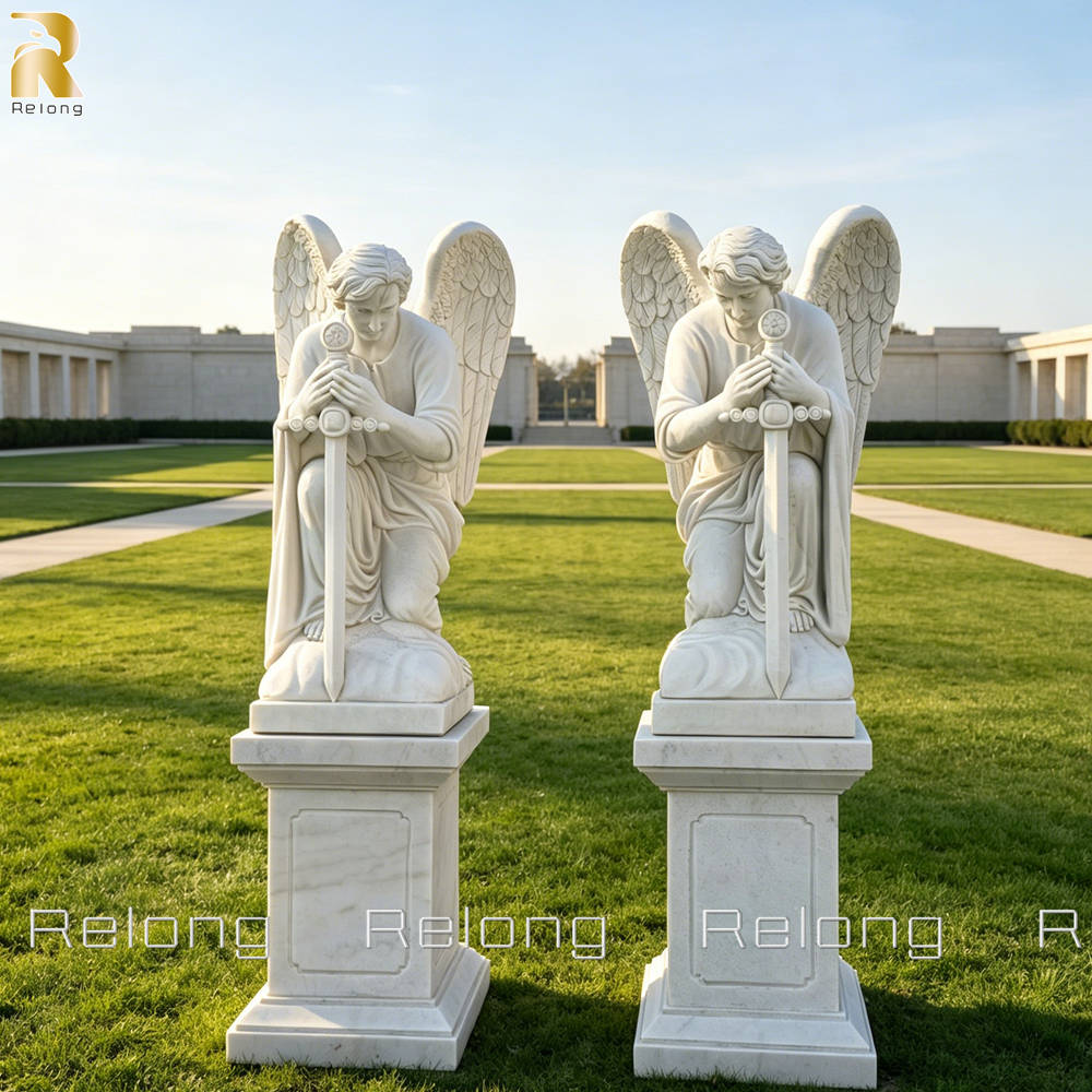 angel kneeling with sword statue for memorial garden decor