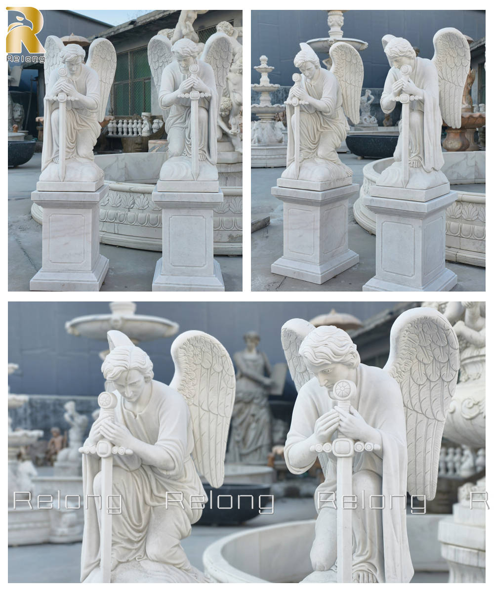 hand carved marble angel kneeling with sword