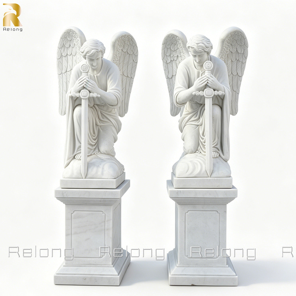 Marble Angel Kneeling with Sword Statue