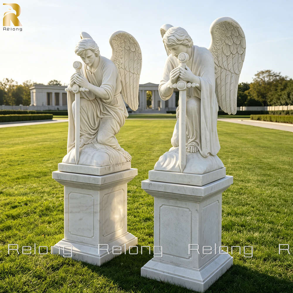white marble angel kneeling with sword statue