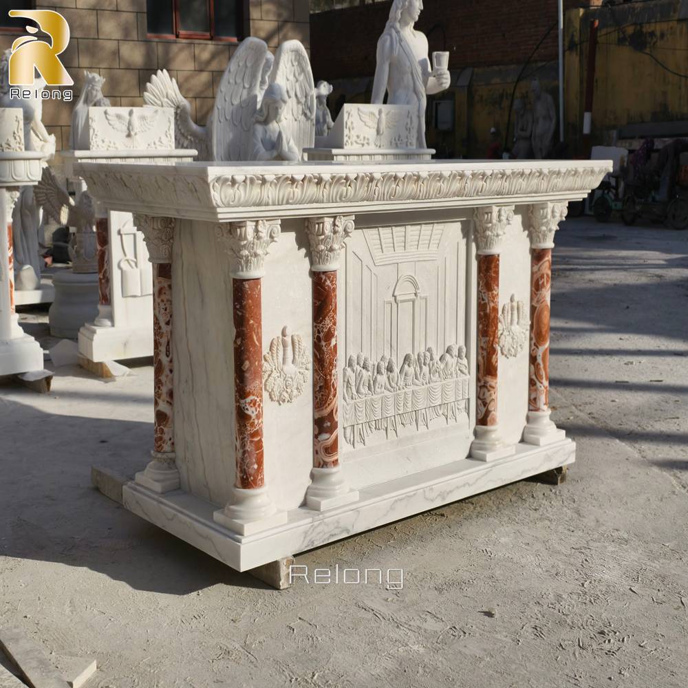 Carved marble altar for church side view last supper