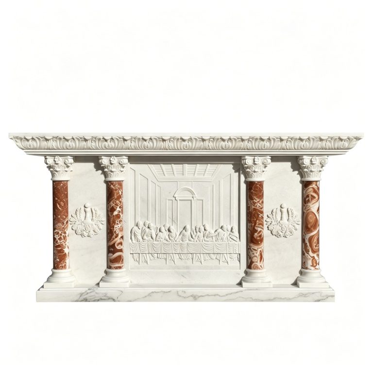Carved marble last supper church altar front view