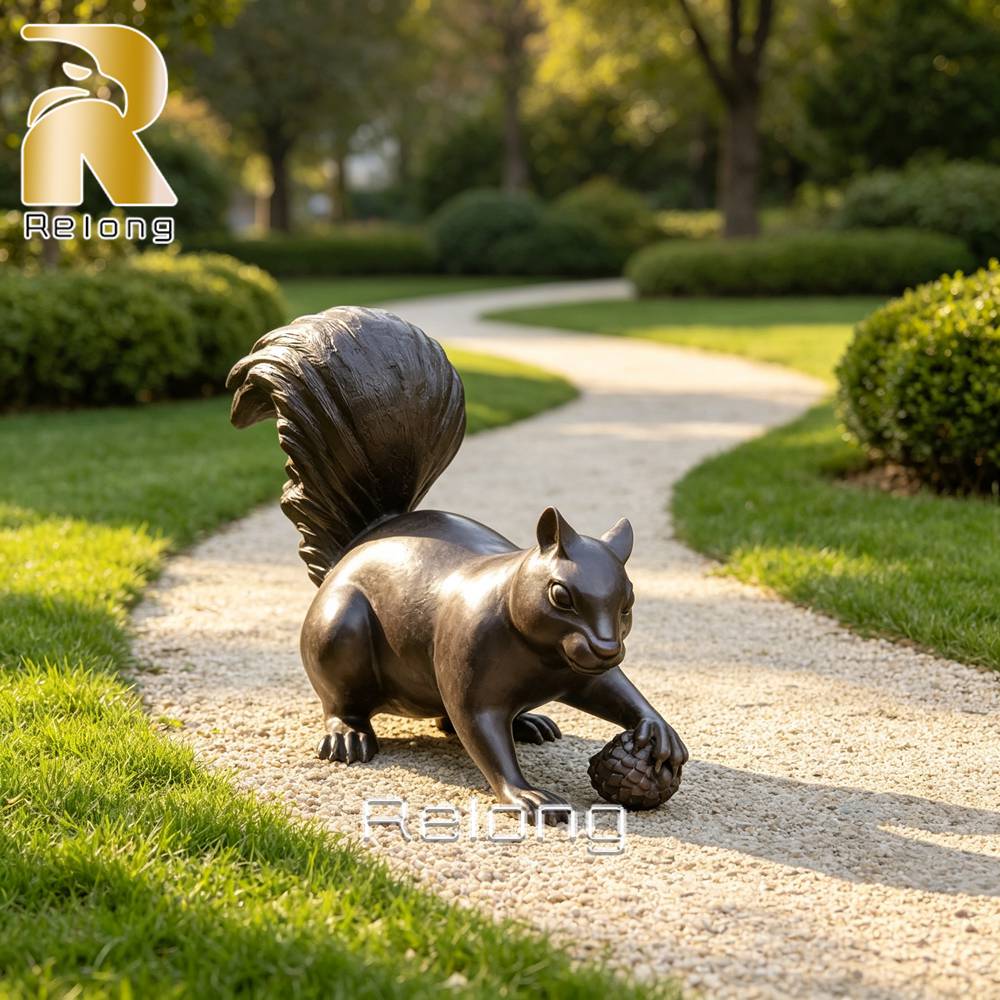 Crouching bronze squirrel sculpture