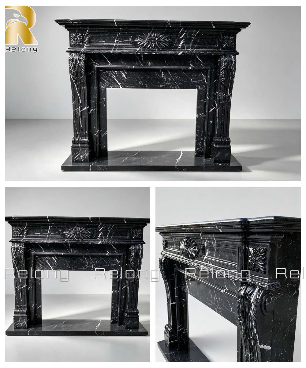 black marble fireplace details