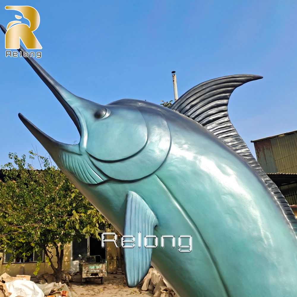 blue bronze marlin statue close up